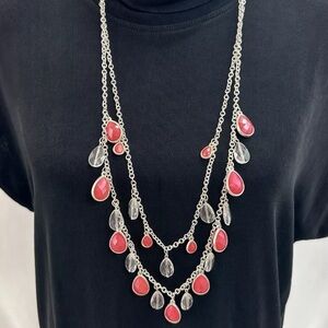 Silver Tone 2 Band Chained Necklace With Red Stones Metal Beads 18”